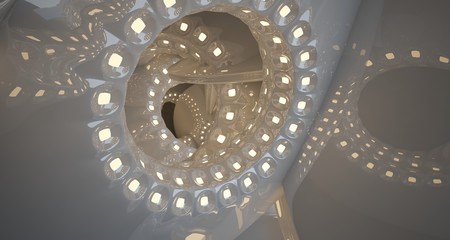 Architectural background. Abstract concrete interior with smooth glossy white discs. Neon lighting. 3D illustration and rendering.