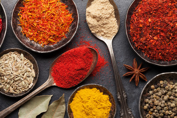 Various spices in bowls and spoons