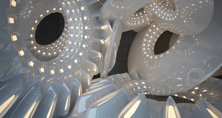 Architectural background. Abstract concrete interior with smooth glossy white discs. Neon lighting. 3D illustration and rendering.