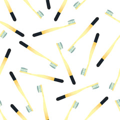 Watercolor seamless pattern with bamboo toothbrush isolated on white background. Eco alternative to plastic toothbrush. Zero waste. Brush for cleaning teeth.