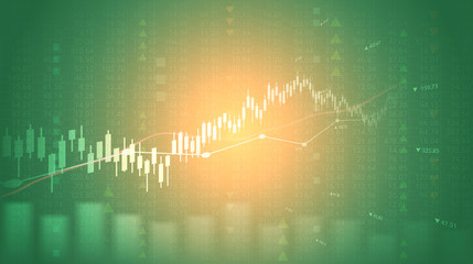 Abstract financial graph and up trend line candlestick chart with stock market numbers on green color background