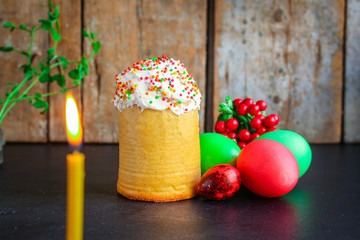 easter cake and easter eggs, traditional holiday composition happy easter, menu concept. food background. top view. copy space