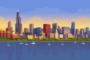 Chicago skyline in sunny sunset reflected in water. Chicago yacht panorama, Vector illustration - obrazy, fototapety, plakaty