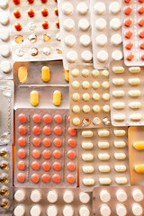 Many different colorful medication and pills from above. pills background.