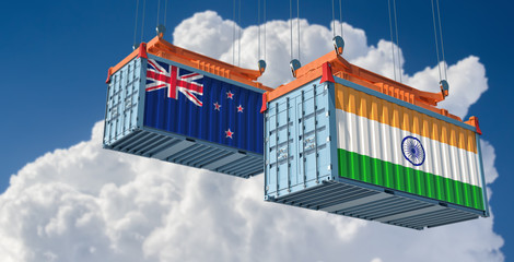 Shipping containers with India and New Zealand flag. 3D Rendering 