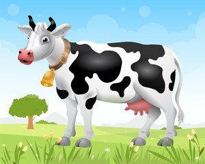 A cow on the lawn. Sunny day. Cartoon cow. Milk from a cow. Vector illustration