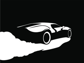 White silhouette of a riding car on a black background