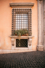 Fototapeta na wymiar Old Window in Rome Decorated with Plants in Flower Pots.