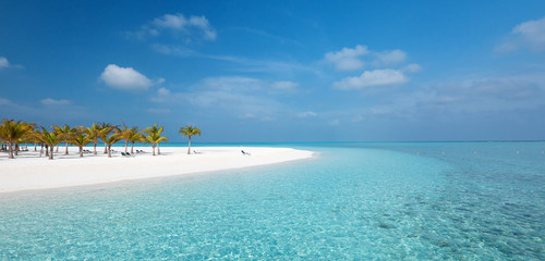 Idyllic Beach on Maldives on Meeru Island with Palm Trees.