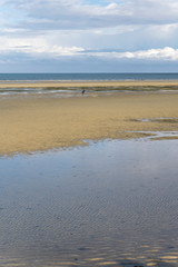 lone tourist walking on sand beach at Sandy Bay, Marahau, Nelson, New Zealand