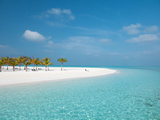 Fototapeta na wymiar Idyllic Beach on Maldives on Meeru Island with Palm Trees.