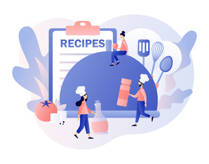 Recipes online. Tiny people cook in сhef cap. Ingredients list concept. Food blogging. Modern flat cartoon style. Vector illustration on white background