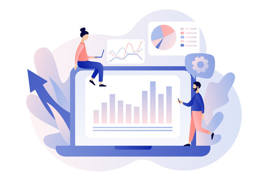 Data Analytics Consept. Business Analysis Online. Tiny People Are Studying The Infographic. Modern Flat Cartoon Style. Vector Illustration On White Background