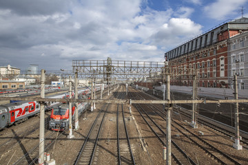 Fototapeta premium Parking of freight and passenger trains in the Krasnoselsky city district. Moscow, Russia