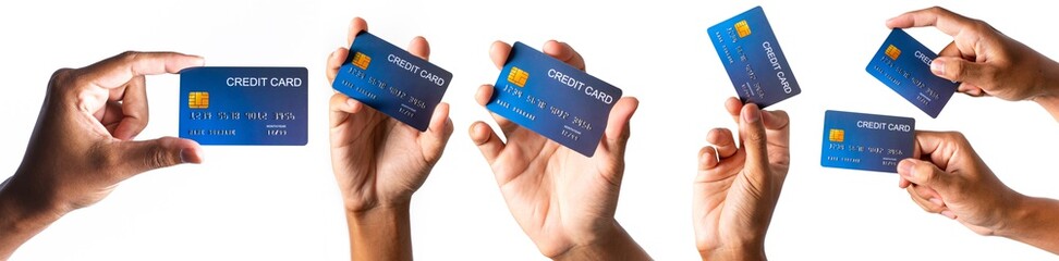 Hand holding credit card isolated on white  - obrazy, fototapety, plakaty