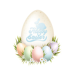 Happy Easter Greeting Card. Easter Holiday Background with Dyed Eggs , and Easter Lettering 