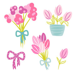 Tulips spring bouquet with bow vector cartoon illustration.