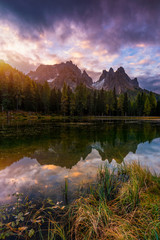 Lake Antorno (Lago di Antorno) located in Dolomites area, Belluno Province, Italy. Lake Antorno, Three Peaks of Lavaredo, Lake Antorno and Tre Cime di Lavaredo, Dolomites, Italy.