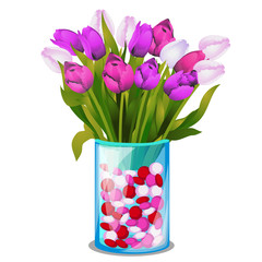 Bouquet of spring flowers of tulips in a transparent glass vase isolated on white background. Vector cartoon close-up illustration.