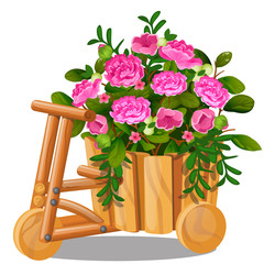 Flower pot in the shape of wooden cart with bucket with pink flowers isolated on white background. Vector cartoon close-up illustration.