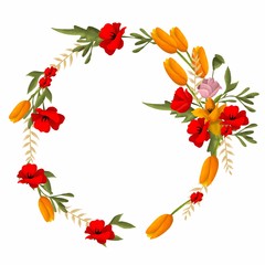 Wreath, flower frame, flowers, poppies and tulips, hand-painted Illustration. Isolated on a white background. Perfect for greeting card design.