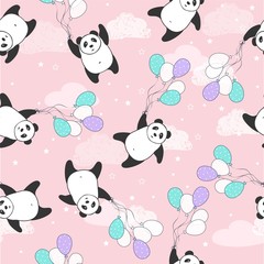 Seamless pattern cute panda with balloons, cartoon design, vector illustration