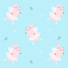 Seamless pattern cute pig ballerina dancing, cartoon design,vector illustration