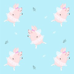 Seamless pattern cute pig ballerina dancing, cartoon design,vector illustration