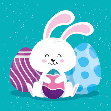 cute rabbit with eggs easter decorated vector illustration design