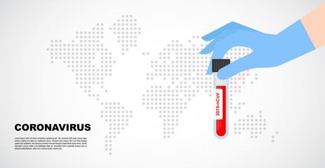 Fototapeta premium Coronavirus 2019-nCoV Blood Sample over a world map. Corona virus outbreaking. Epidemic virus Respiratory Syndrome. Template for poster, banner, cover design , infographic or social media stories