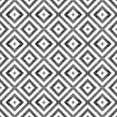 Watercolor geometric rhombus squares seamless pattern. Black stripes on white background