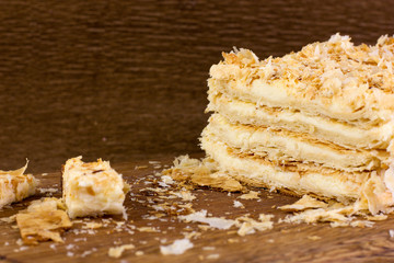 puff pastry Napoleon cake on a wooden tray