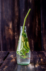 Homemade lemonade with lime, mint and ginger . Cold drinks. Recipes. Veganism. Healthy eating. Diet.