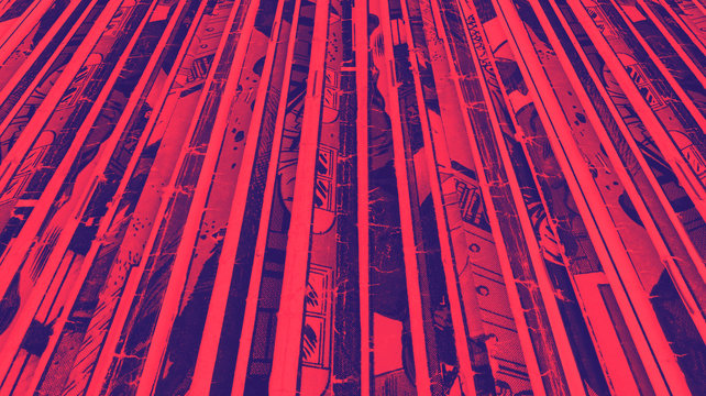 Pile of old vintage comic books background texture with vibrant red and blue duotone color effect