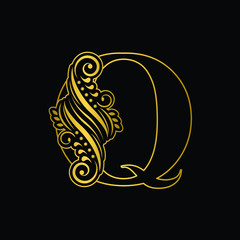 Gold letter  Q. Vintage golden flower ornament initial letters.  Alphabet. Logo vector 