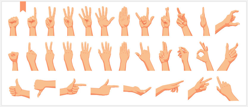 Set of realistic human hands, signs and gestures, figures and finger movements isolated vector illustrations on a white background