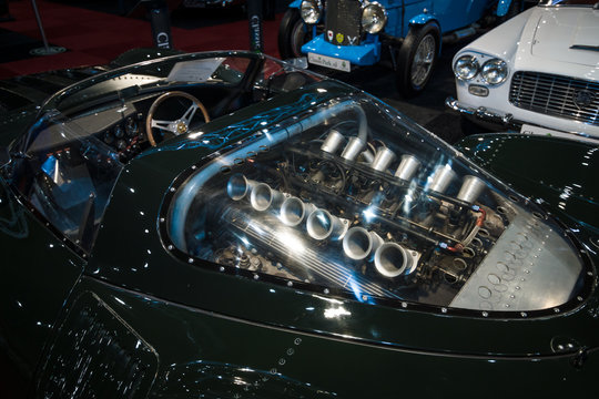 MAASTRICHT, NETHERLANDS - JANUARY 08, 2015: Engine 5.0 L DOHC V12 of the race car Jaguar XJ13 by Proteus (replica). International Exhibition InterClassics & Topmobiel 2015
