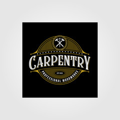 vintage carpentry woodwork premium logo design, craftsman lettering vector on dark background illustration