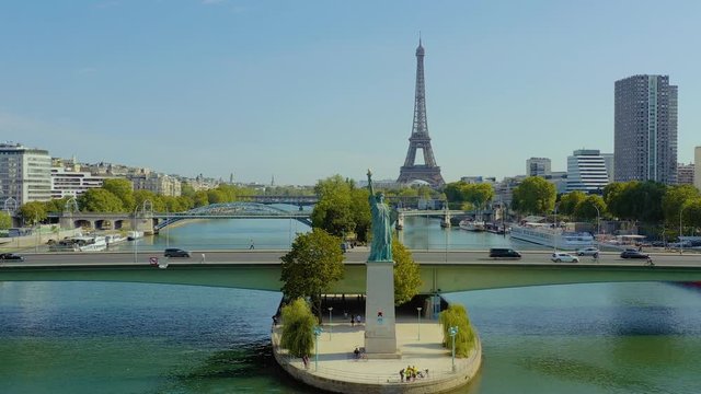 PARIS, FRANCE - MAY, 2019: Aerial drone view of historical city centre with Eiffel tower and Seine river.