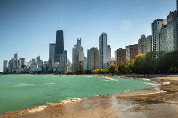 Chicago cityscape across Lake Michigan and Lake Shore Drive in Illinois USA