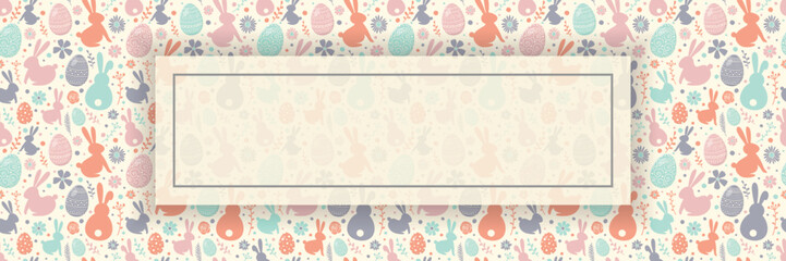Easter background with colourful eggs, bunnies and flowers. Template of banner. Vector