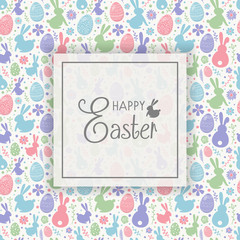 Colourful Easter greeting card with decorative eggs, bunnies and flowers. Vector