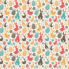 Easter composition with colourful eggs, bunnies and flowers. Seamless pattern. Vector