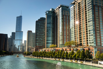 Naklejka premium Łodzie pływają po panoramie Chicago River w centrum Chicago w stanie Illinois w USA