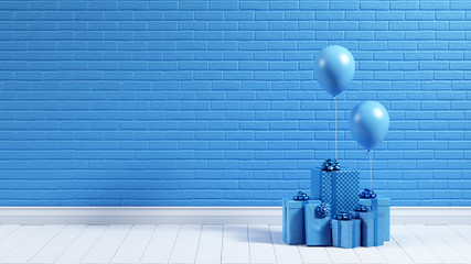 3d render sky blue giftbox and blue balloon on brick wall background