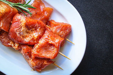 raw meat pork or beef in a plate on the table (preparing healthy food, marinade and spices paprika) menu concept background. top view. copy space for text