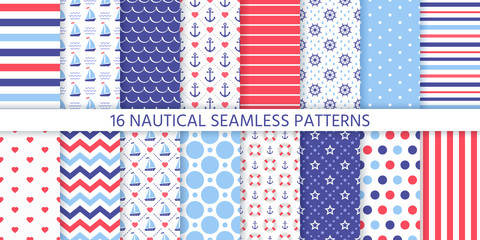 Fototapeta premium Nautical seamless pattern. Vector. Marine sea backgrounds with sailboat, anchor, wheel, stripe, zigzag, Lifebuoy. Set blue red prints. Geometric textures for baby shower, scrapbook. Color illustration