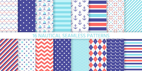 Nautical seamless pattern. Vector. Marine sea backgrounds with anchor, sailboat, waves, zigzag and stripes. Set blue summer texture. Geometric print for baby shower, scrapbooking. Color illustration