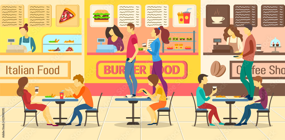 Sticker Cartoon Color Characters People and Food Court Restaurants Concept. Vector