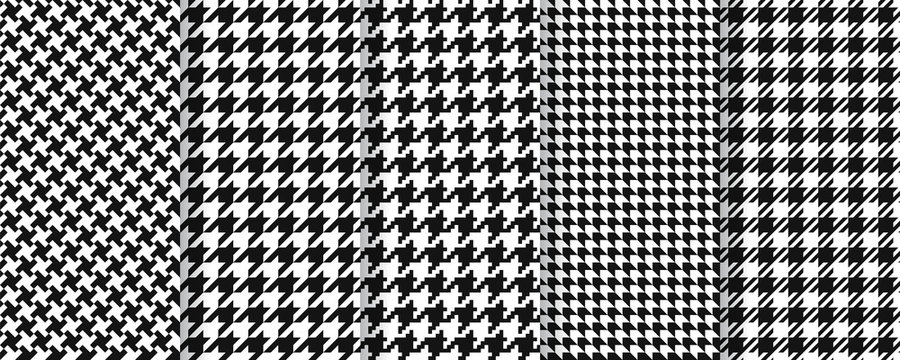 Houndstooth seamless pattern. Vector. Plaid tweed background. Geometric black white fabric with hound tooth. Vintage checkered texture. Abstract woven dogtooth print 80s. Vogue pixel illustration.